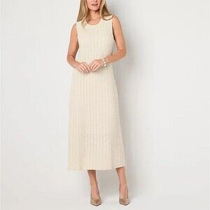 Liz Claiborne Sleeveless Gold Cream Midi Sweater Dress SMALL Stretch Minimalist